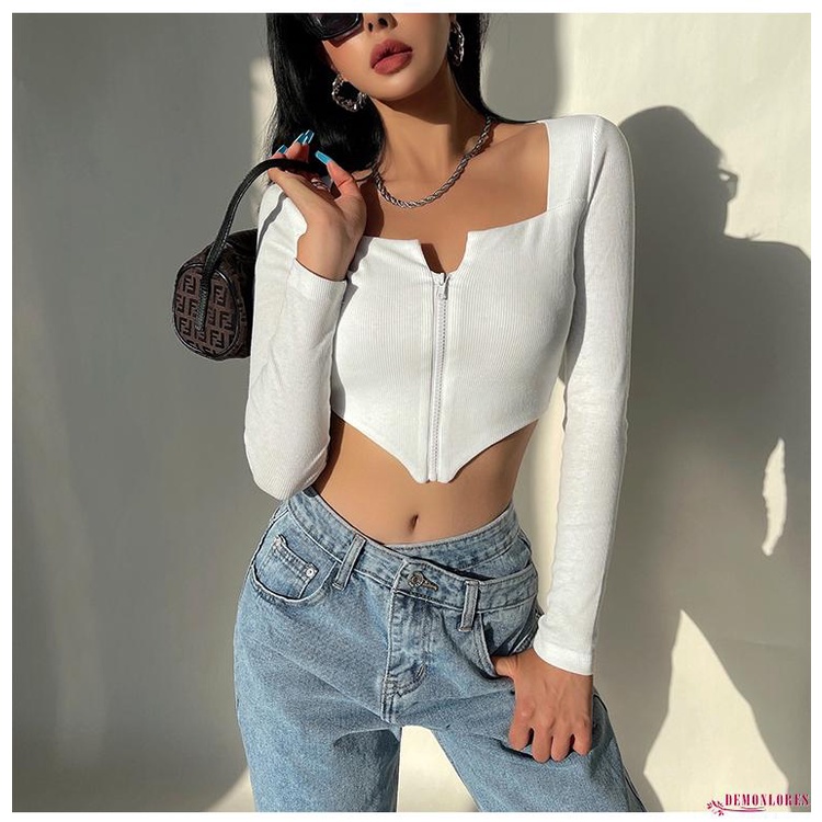 Áo Crop Top Tay Dài Màu Trơn Có Khóa Kéo Thời Trang Cho Nữ