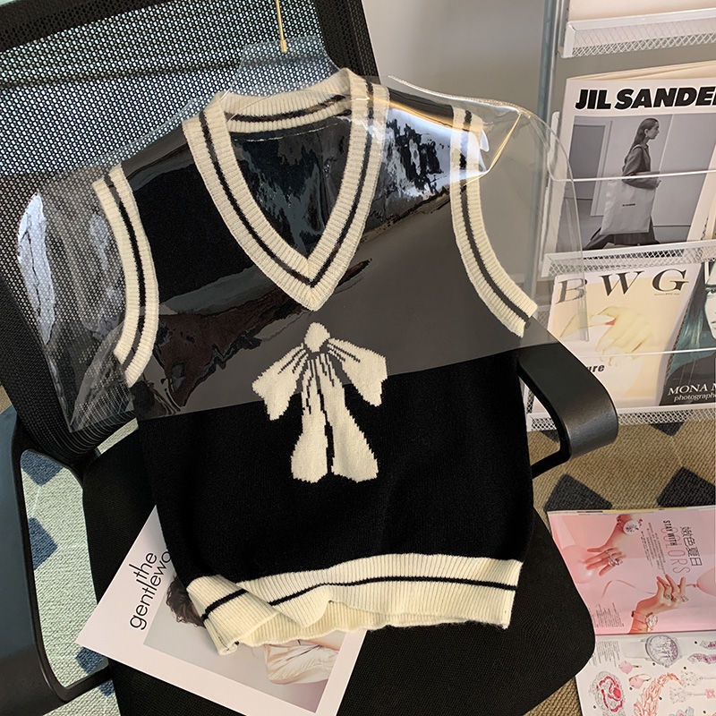Áo sweater Dệt Kim Không Tay Phối Nơ Phong Cách Hàn Quốc Thời Trang Mùa Thu Mới Cho Nữ