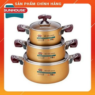 VÔ ĐỊCH GIÁ ] Bộ nồi. Bộ 3 nồi Anod SUNHOUSE SH6634 size : 16- 18-24cm mới nhất