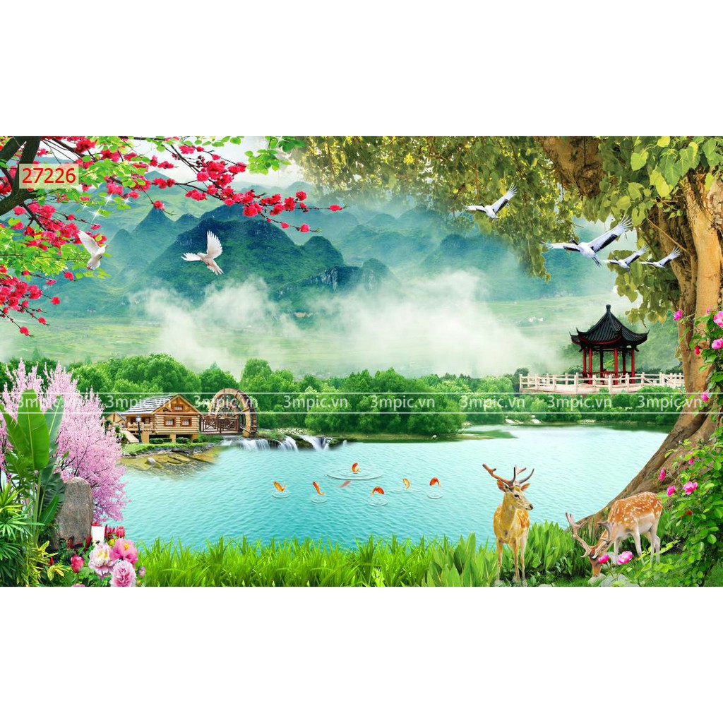 Tranh dán tường 3d phong cảnh thiên nhiên trang trí phòng khách chất liệu decal pp keo sẵn bóc dán atk10