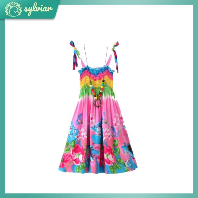 [sylviar] Đầm Công Chúa Đi Biển Xếp Ly Hai Dây + Vòng Cổ Nhiều Màu Sắc Bằng Cotton Cho Bé Gái