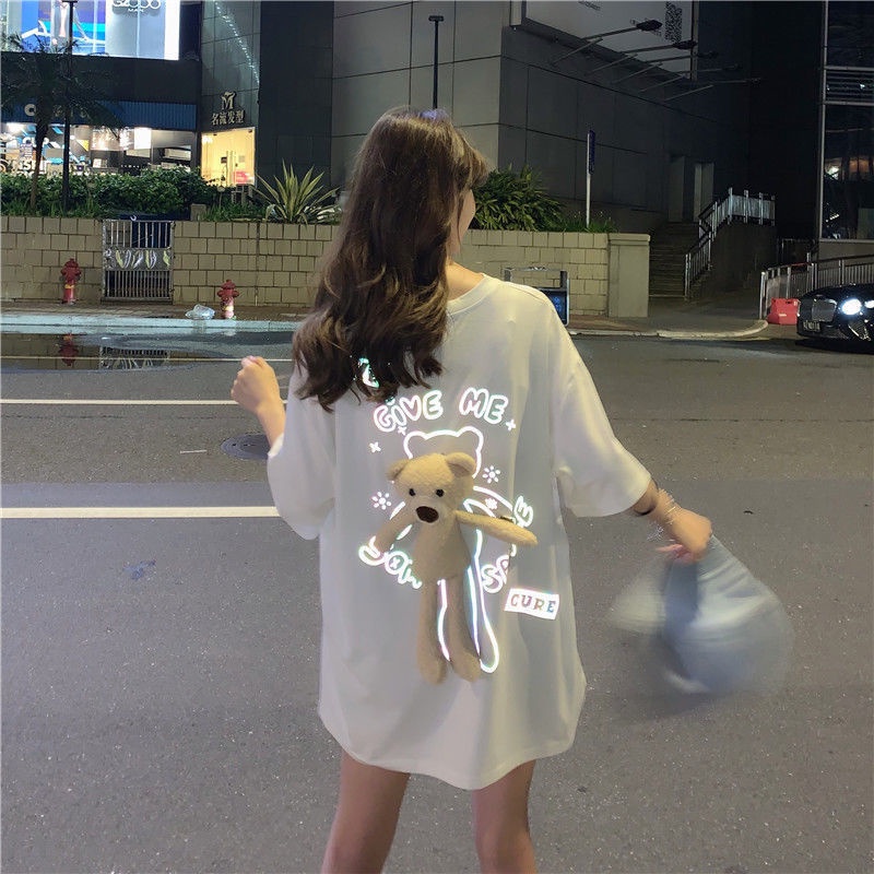 Áo Thun Tay Ngắn Bằng Cotton Màu Trơn Họa Tiết Gấu Phản Quang Phong Cách Hàn Quốc Dành Cho Nam Và Nữ