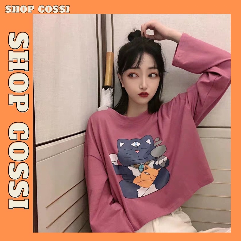 Áo dài tay croptop,áo phông croptop form rộng tay dài chất cotton dày đẹp in hình mèo
