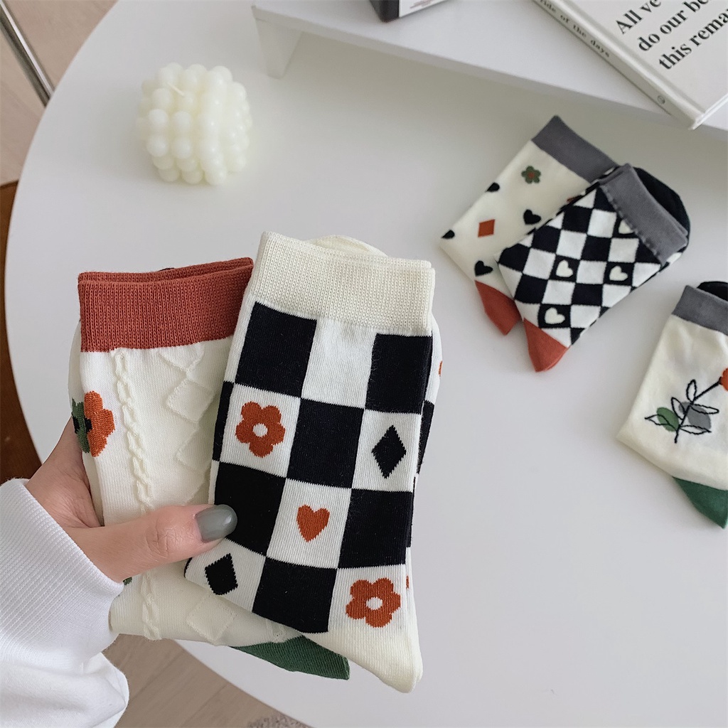 WAFNHA D571 Vớ Nữ Họa Tiết Sọc Ca Rô/ Hoa/ Trái Tim Phong Cách Mới Cho Nữ