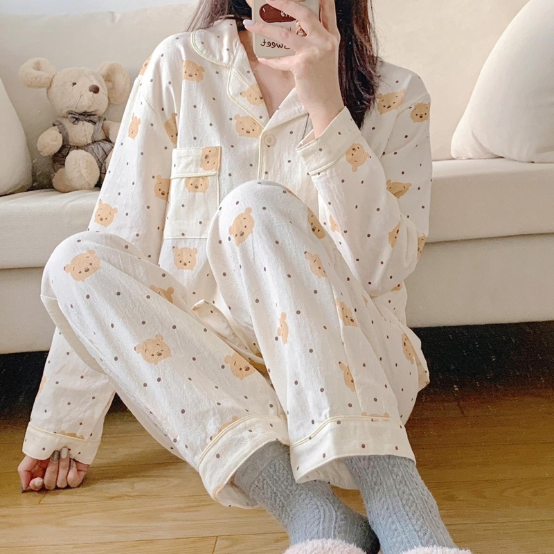 Bộ Pijama chất đũi xốp hoạ tiết gấu PU chấm siêu xinh Hàng Áo dài Và Cộc