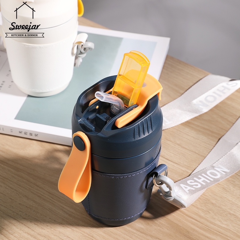 SWEEJAR Bình nước bằng thép không gỉ 304 giữ nhiệt chống rò rỉ có dây đeo và ống hút dung tích 350ml