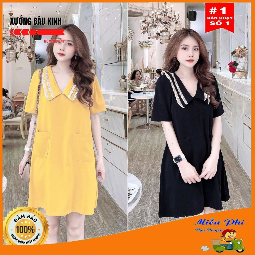 Váy bầu thời trang thiết kế cổ bèo M130 chất đũi hàn freesize từ 45 đến 70kg