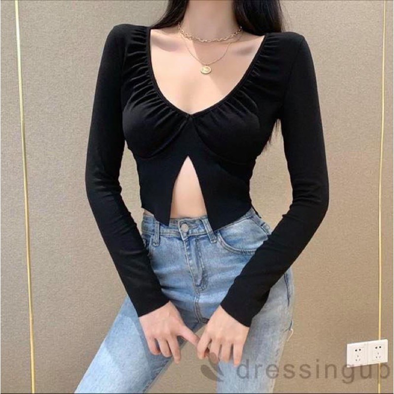 Áo kiểu ngắn nữ ctoptop đan ngực xẻ tà tay dài ôm body trơn thun co dãn - Order taobao quảng châu