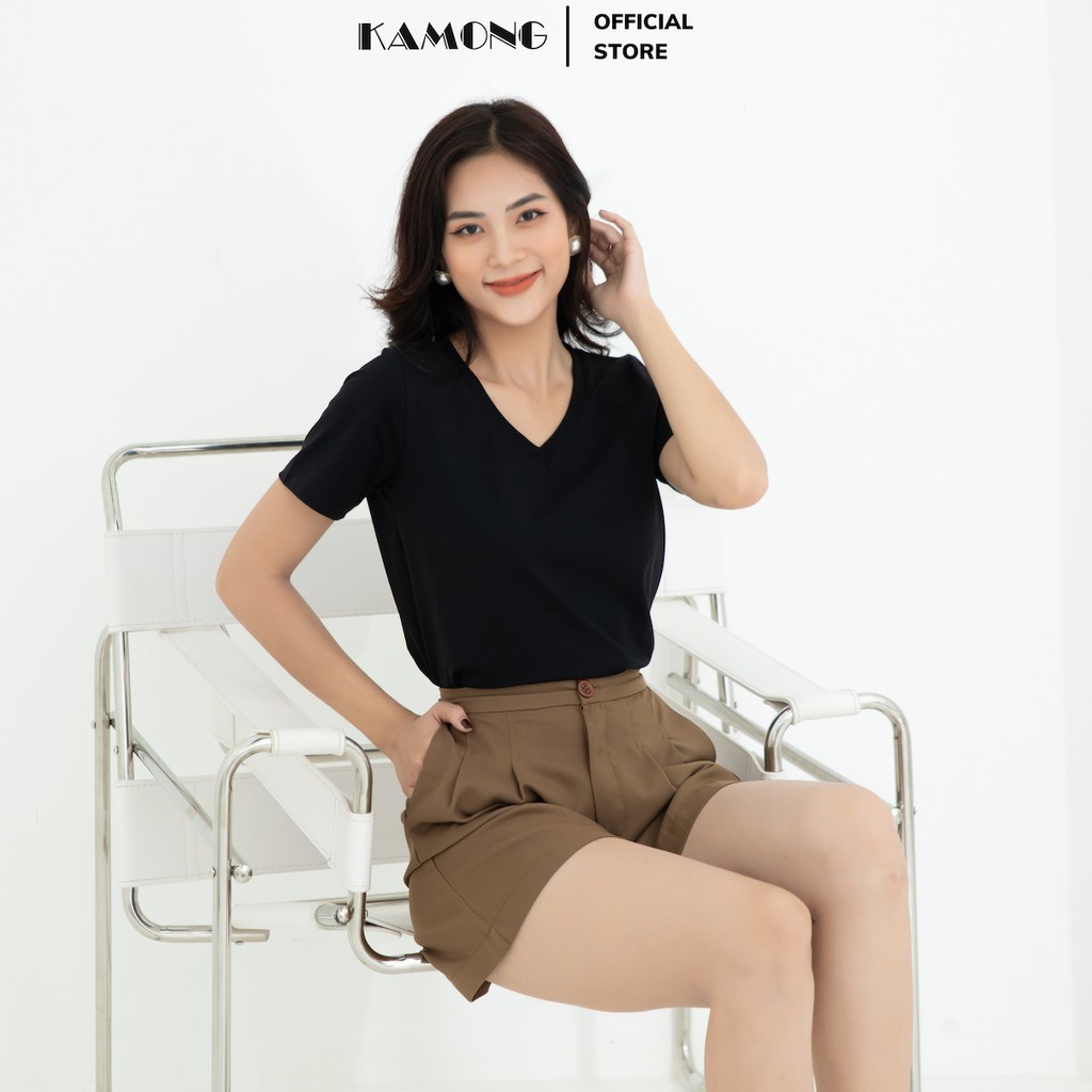 Áo thun nữ cổ tim tay ngắn KAMONG vải cotton 100% cao cấp