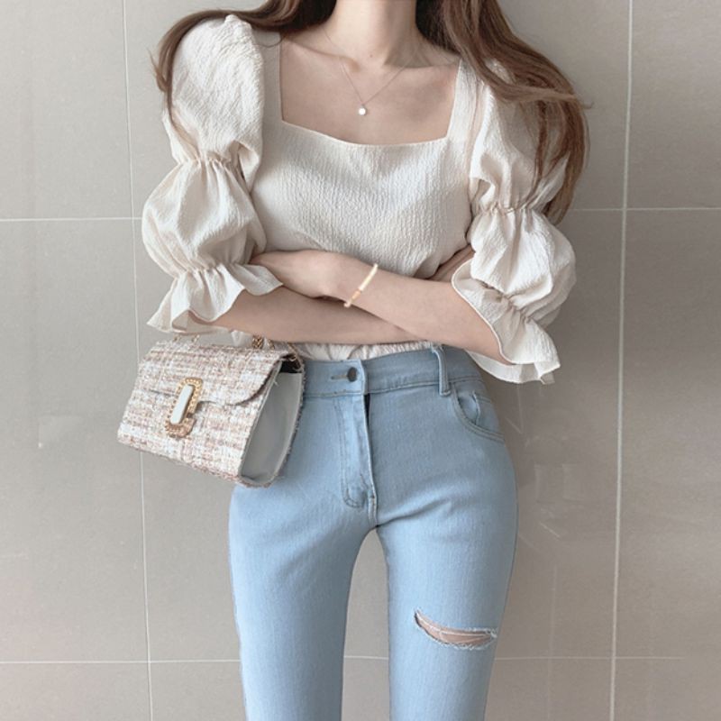 Áo Chiffon Kiểu Tay Phồng Xếp Ly Cổ Vuông Phong Cách Retro Nữ Tính