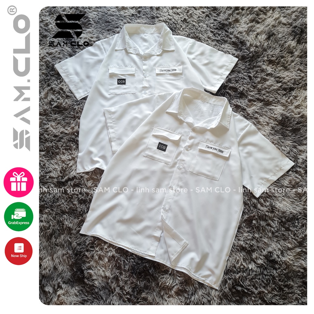 Áo sơ mi học sinh nữ tay ngắn - lỡ, form ulzzang freesize unisex, dáng rộng, mặc đi học, thêu chữ I LOVE YOU 3000 TRẮNG