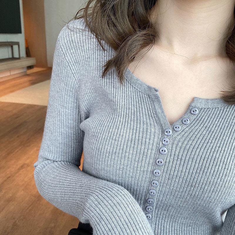 Áo thun len tay dài nhiều cúc cổ tròn sexy