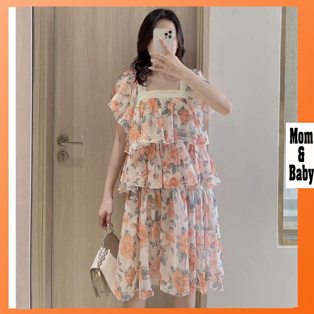 Váy bầu hai dây thời trang thiết kế M342 chất voan hai lớp freesize từ 45 đến 70kg