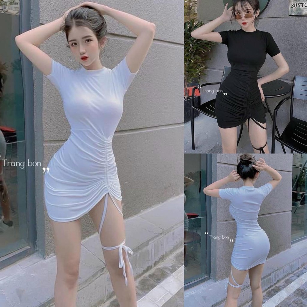 Đầm Body Cổ Tròn Tay Ngắn Dây Rút Trước Chất Thun Borip Thích Hợp Mặc Đi Tiệc Đi Làm Đi Chơi