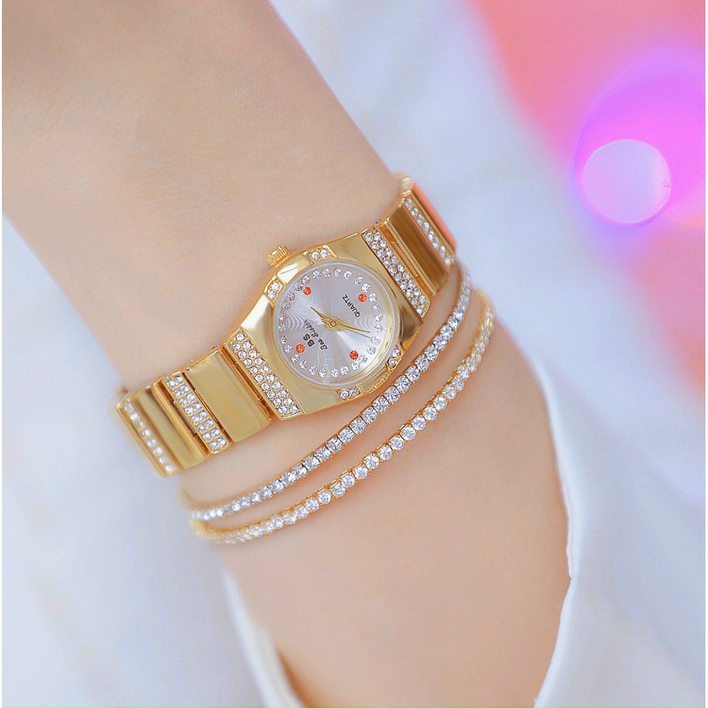 Đồng hồ nữ dây kim loại, đồng hồ đeo tay nữ chính hãng BEE SISTER đính đá cao cấp mặt tròn, thời trang Hàn Quốc giá rẻ