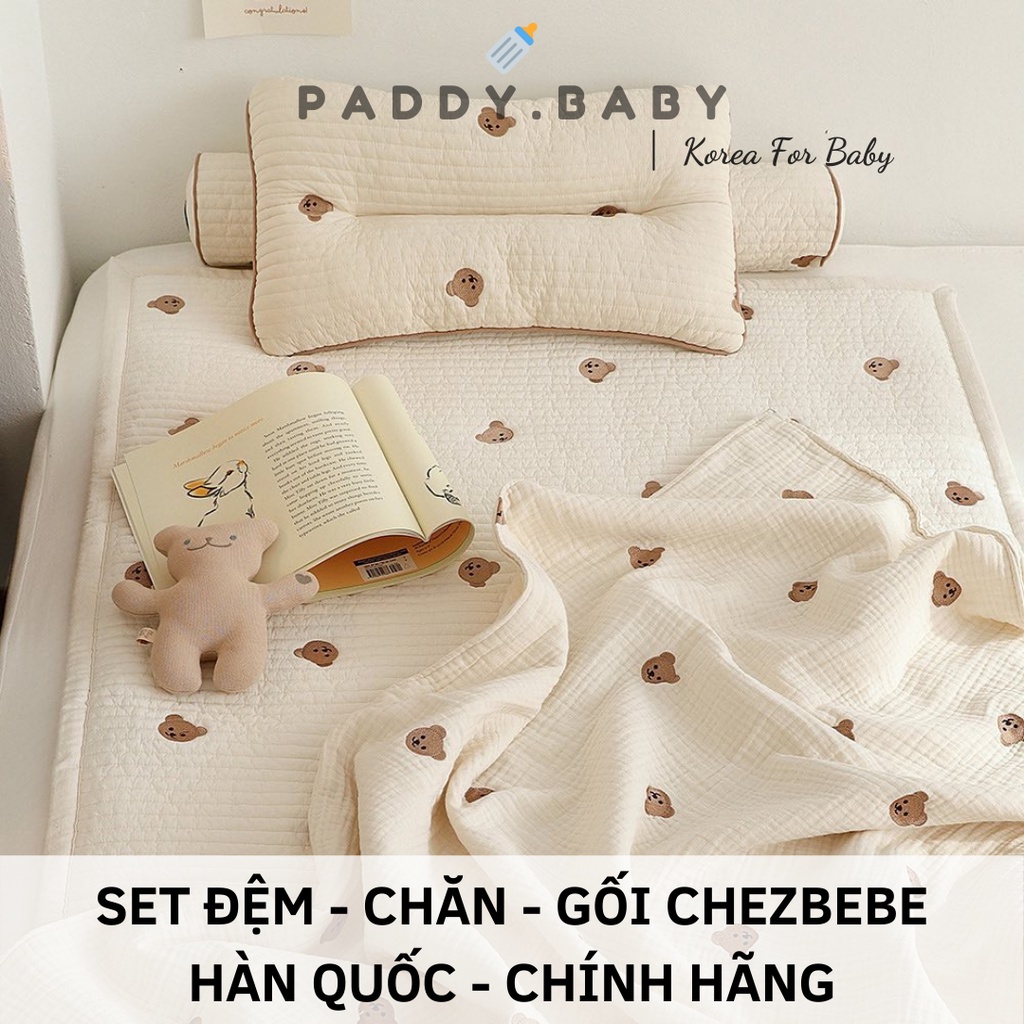 SET CHĂN GỐI NỆM CHEZBEBE HÀN QUỐC CHO BÉ THÊU GẤU SHAGOMI MADE IN KOREA