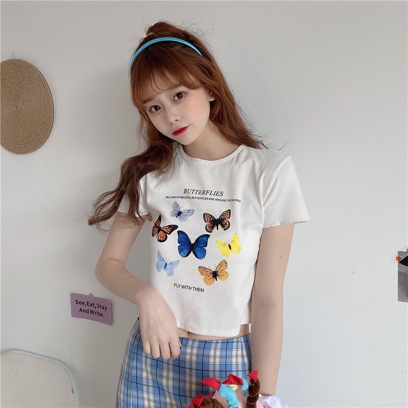 Áo croptop nữ ngắn tay ZOZORO ôm form in hình hồ điệp chất vải đẹp thoáng mát - AT10