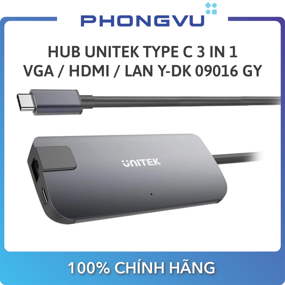 Hub Type-C -&gt; HDMI +VGA+LAN Unitek Y-DK 09016 GY - Bảo hành 12 tháng