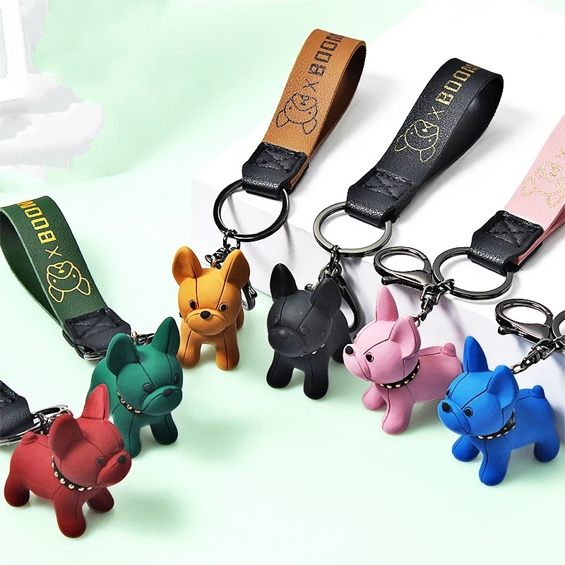 Cute Cartoon Puppy Keychains/ PU Leather Wristband Key Chain Bag Pendant/ Bulldog Soft Rubber Keyrings/ Bag Pendant Charm New Year Xmas Gifts