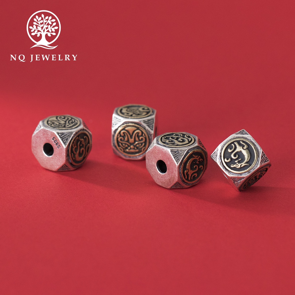 Charm bạc khối lập phương họa tiết tứ linh thần thoại xỏ ngang - NQ Jewelry