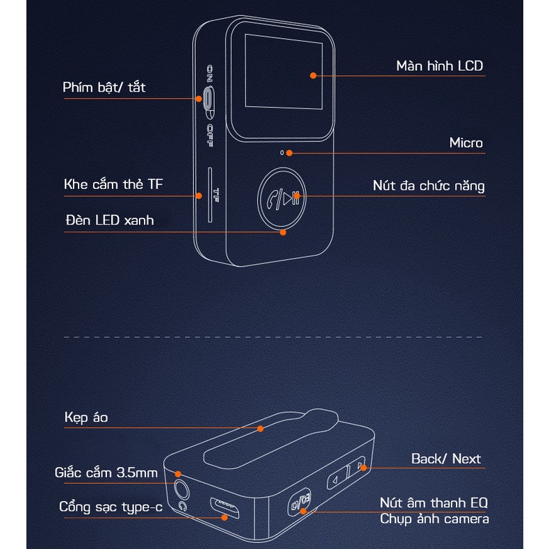 Máy Nghe Nhạc MP3 Mini Có Màn Hình LCD Bluetooth 5.0, Điều Khiển Từ Xa Chụp Ảnh Hỗ Trợ Thẻ TF C33 GEAR79