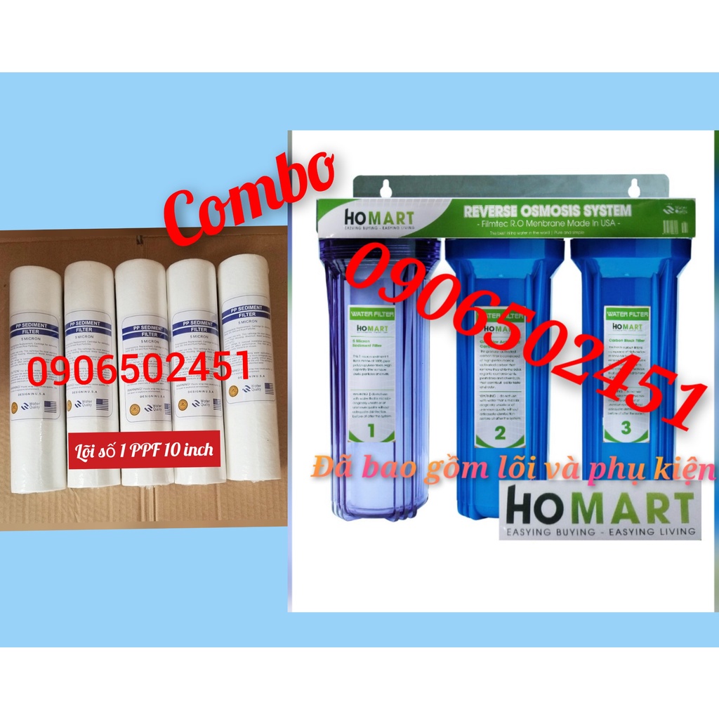 COMBO Bộ lọc nước sinh hoạt gia đình, lọc bể cá, lọc máy cafe, lọc bồn.. 3 cấp 30C3 và Bộ 5 lõi lọc nước số 1 PPF 10INCH