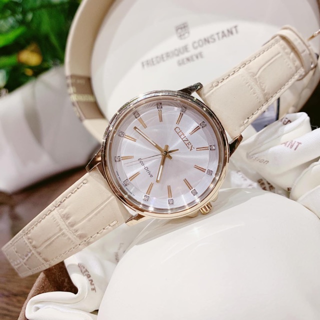 Đồng hồ nữ Citizen FE7033-08A 37mm máy Eco Drive năng lượng mặt trời, màu Rose Gold, dây da, đính đá Swarovski