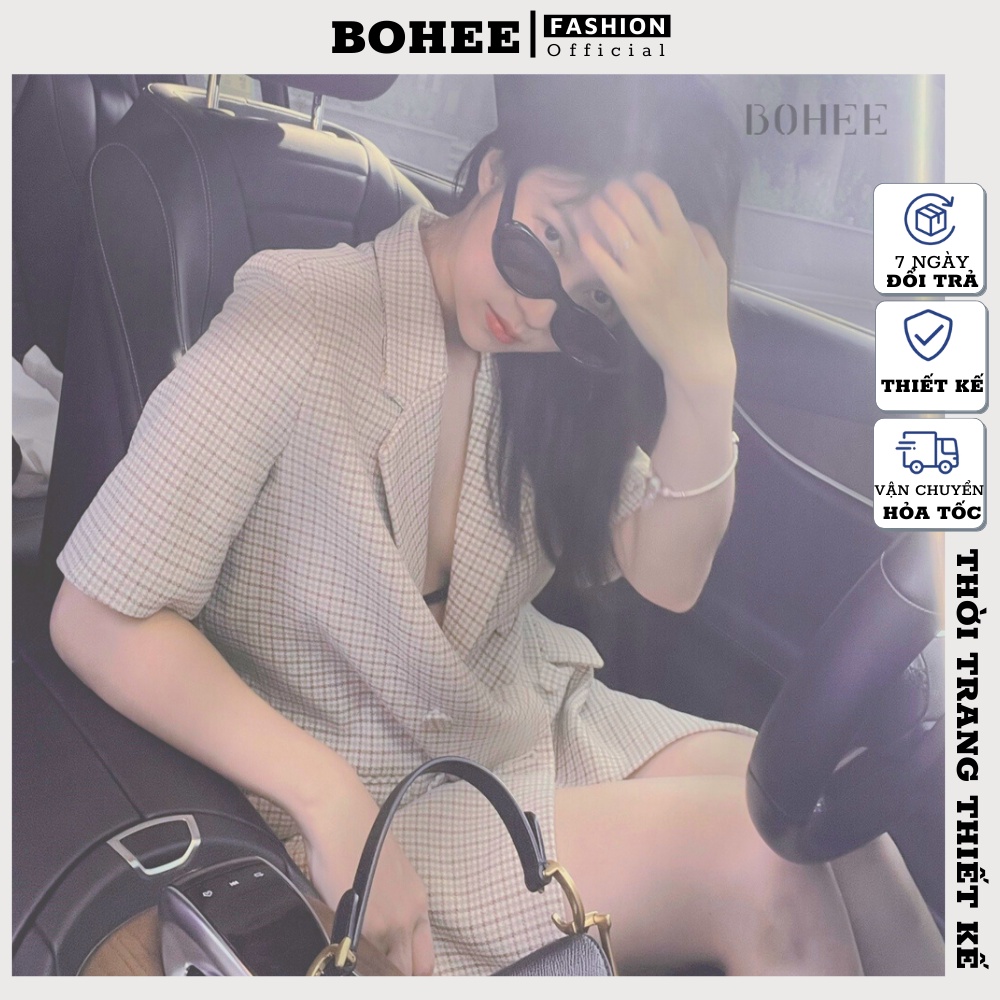 Áo khoác blazer nữ đẹp BOHEE caro nâu cổ vest túi nắp chất sợi dệt cao cấp A256