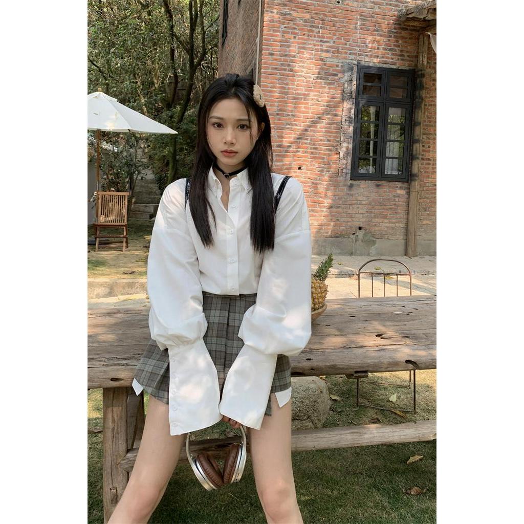 Bộ Áo Sơ Mi Trắng Tay Loe Kèm Chân Váy Phong Cách Preppy Ngọt Ngào Dễ Phối Đồ 63503