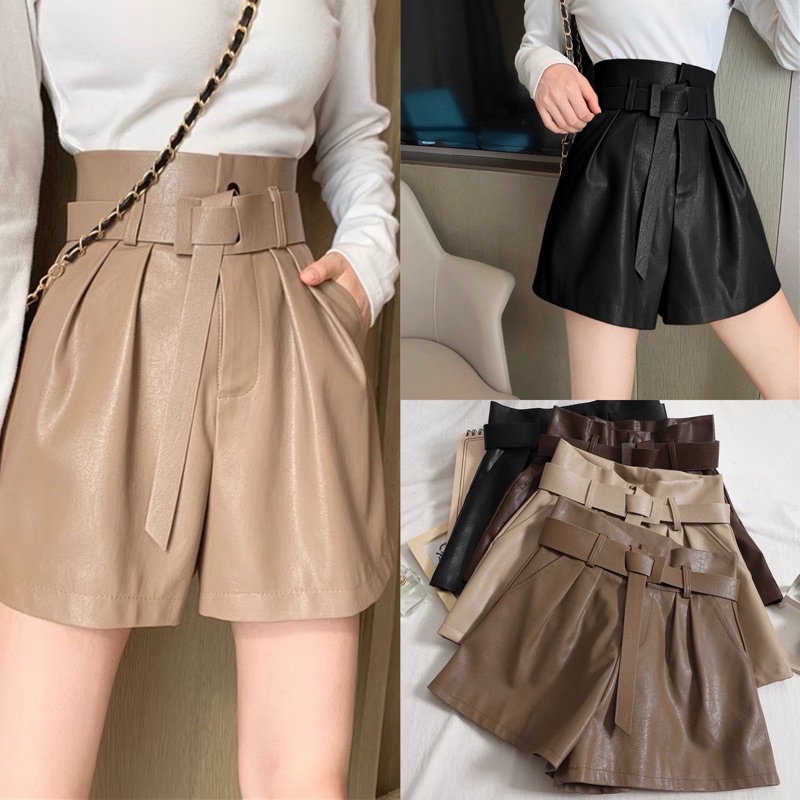 [Ảnh thật/Video]Quần short da cao cấp thiết kế cúc bấm kèm đai Quần sooc da phong các ulzzang