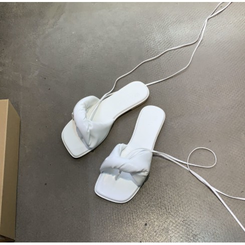 Dép buộc dây đế bệt mũi vuông phong cách Hàn Quốc thời trang mùa hè 2021 mới