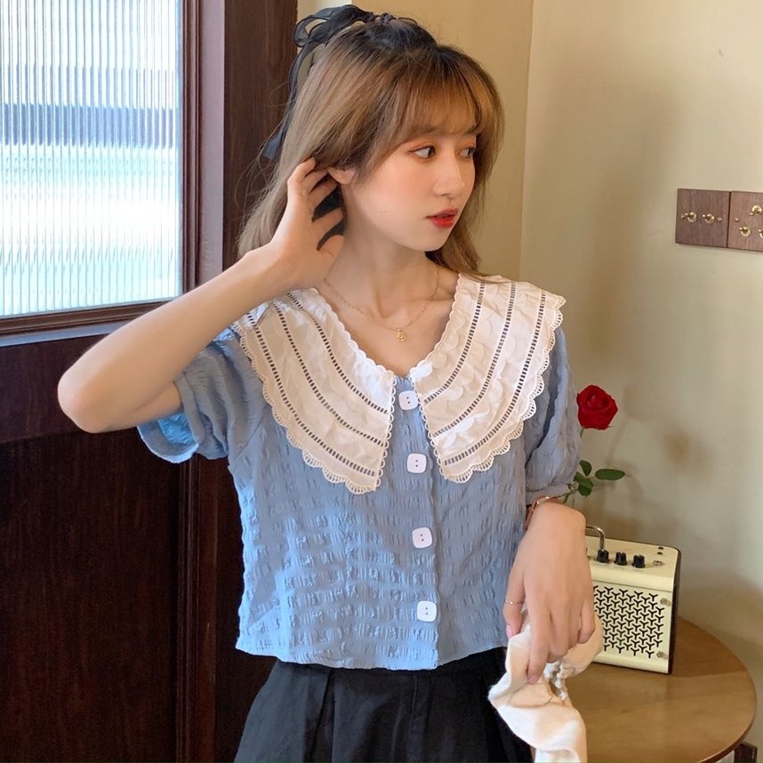 Áo Kiểu Tay Phồng Ngắn Cổ Peter Pan Phối Ren Phong Cách Retro Pháp Thời Trang Mùa Hè Cho Nữ