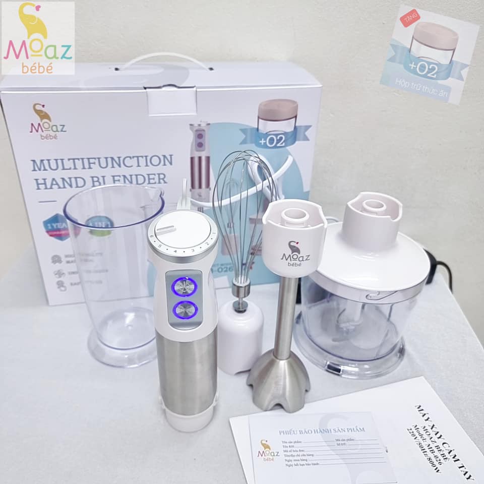 MÁY XAY CẦM TAY ĐA NĂNG MOAZBEBE MB-026 TẶNG 2 HŨ THỦY TINH ĐỰNG THỨC ĂN