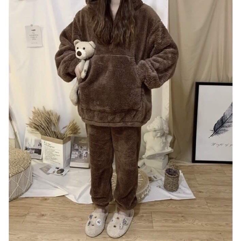 Bộ lông nam nữ Tai GấuĐồ ngủ mùa Đông mặc nhà hoodie Ullzang phong cách Hàn Quốc☘️Lông cừu giữ nhiệt,dày dặn Free ship