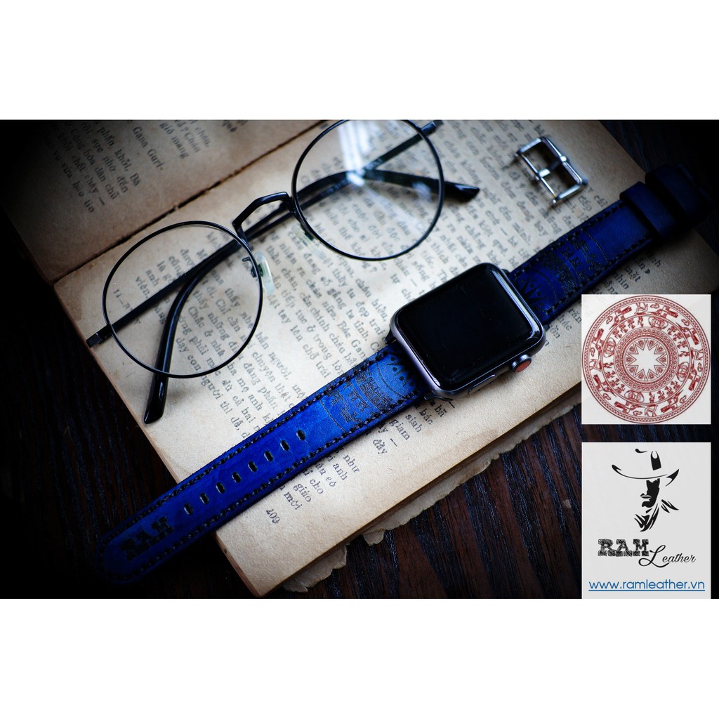 Dây đồng hồ Apple Watch , Iwatch , Iphone Watch Da Bò Italia Vegtan  Xanh Navy RAM Leather Trống Đồng Việt Nam  Bền Đẹp