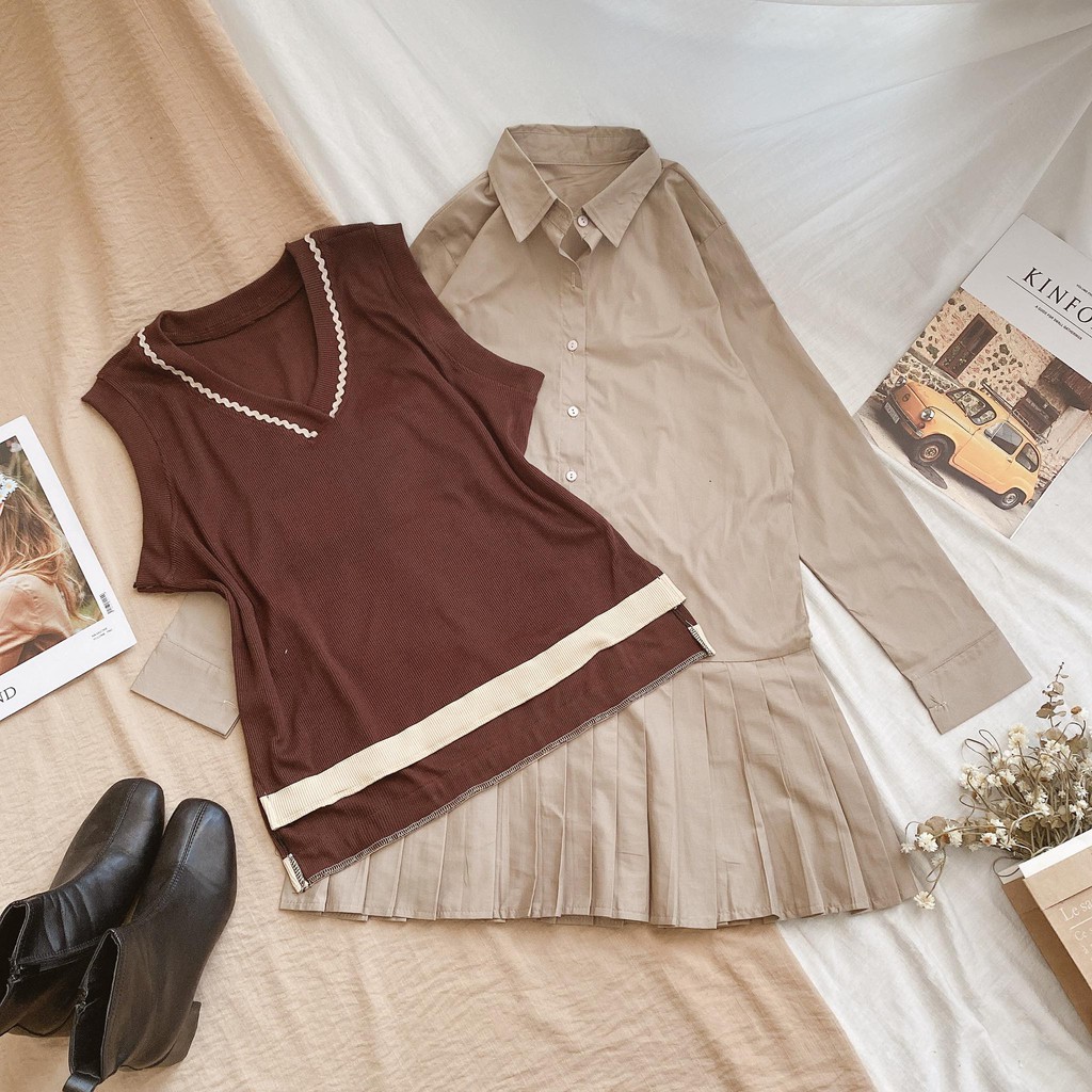 SET ĐẦM SƠMI NUDE PHỐI CHÂN XẾP LI + ÁO GILE NÂU VIỀN | BigBuy360 - bigbuy360.vn