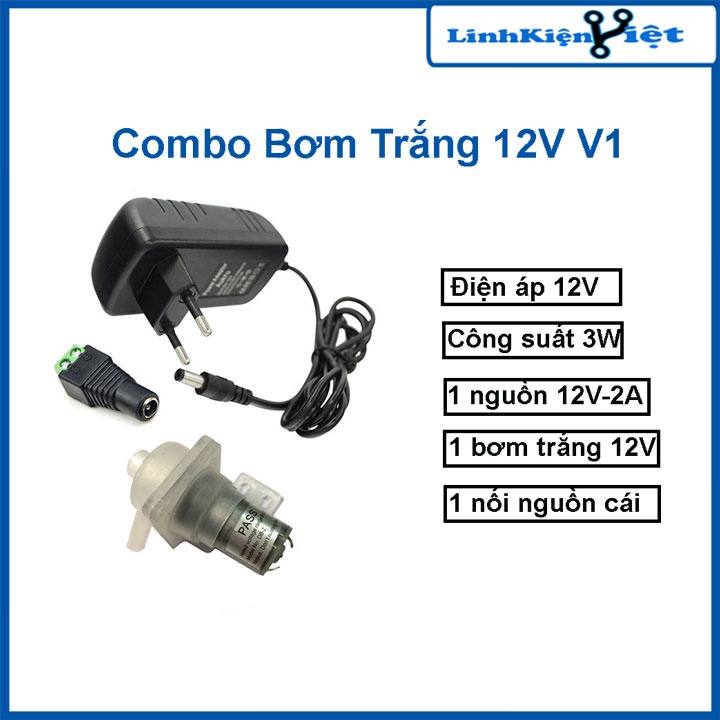 Combo Bơm Mini 12V Trắng Bãi+Adapter 12V-2A+Jack Nối Nguồn Cái