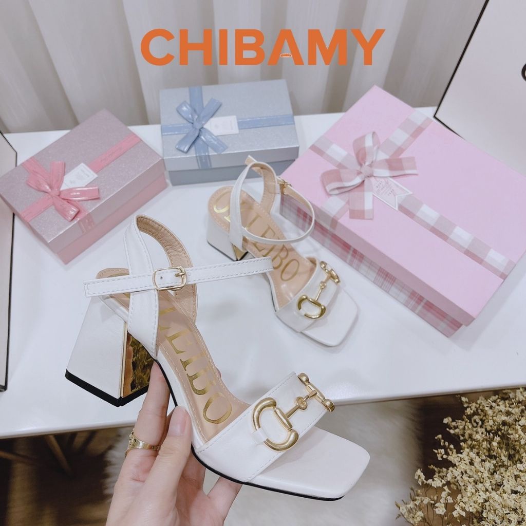 Giày Sandal cao gót nữ GuC chất da mềm CHIBAMY, dép quai hậu nữ gót vuông cao 7cm