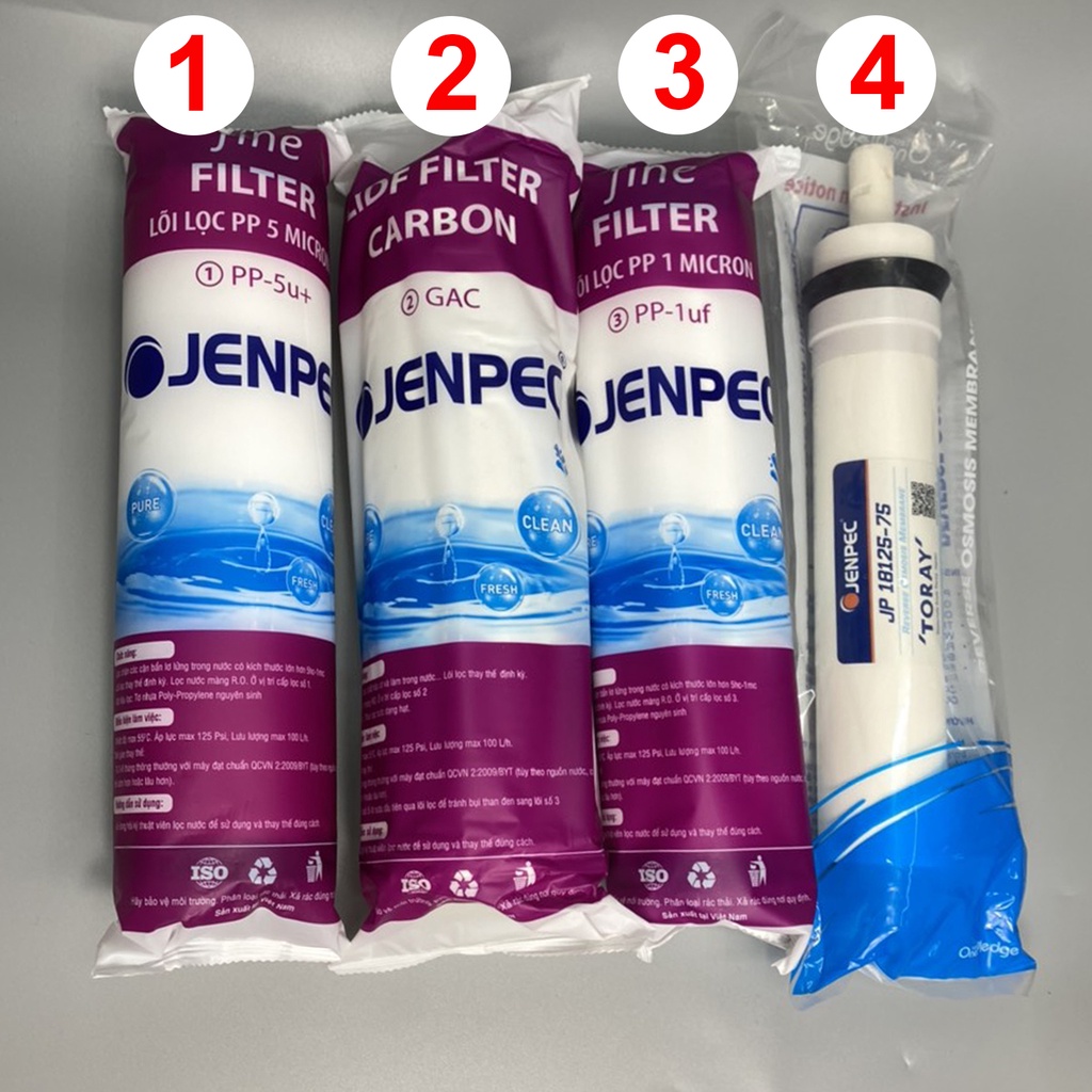 Combo 4 lõi lọc nước 1234 Jenpec hàng cao cấp chính hãng lắp cho máy lọc nước RO