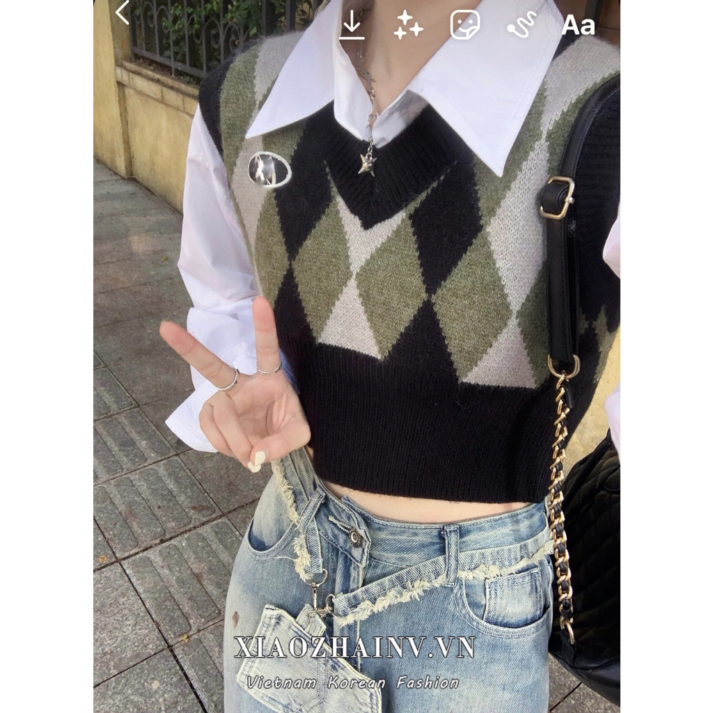 Áo croptop Xiaozhainv dệt kim cổ chữ V thời trang cổ điển cho nữ