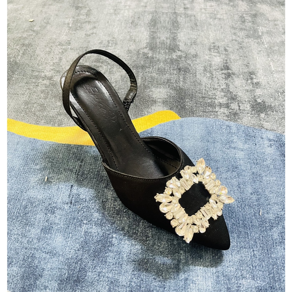 Sandal lụa mịn bít mũi nhọn nơ đá trắng vuông gót đũa nhỏ - 7P