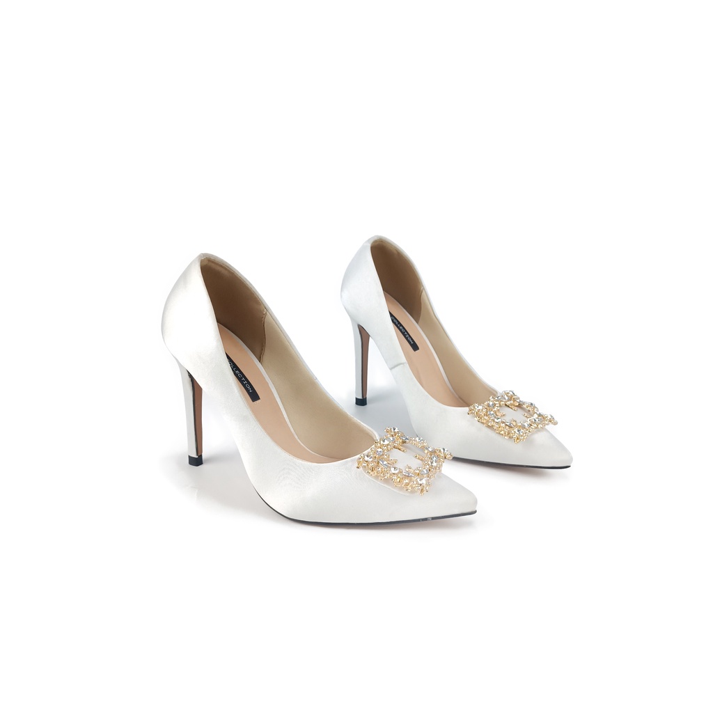 Giày cao gót 9p mũi nhọn khoá đính đá LEAFGOLD HADU M944 lụa tơ tằm satin