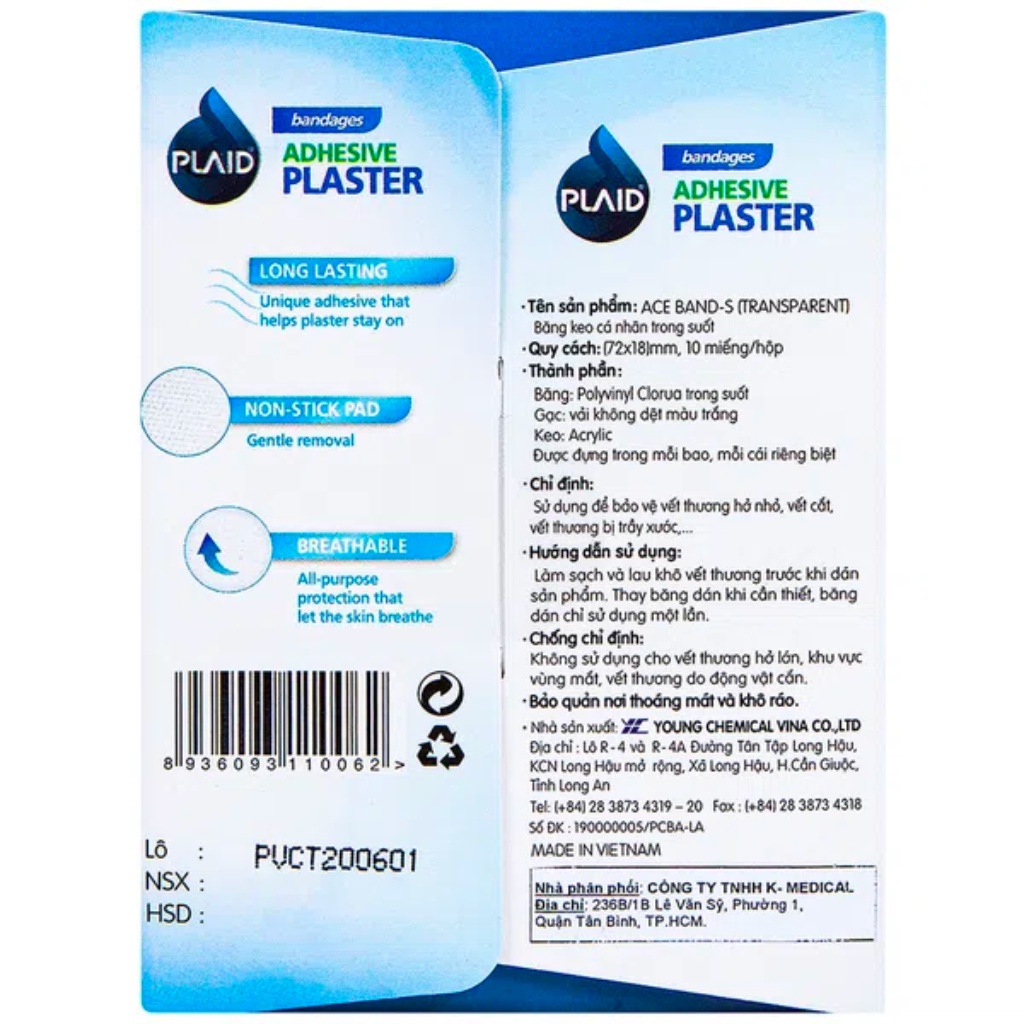 1 Hộp Băng Keo Cá Nhân Trong Suốt Adhesive Plaster Ace-Band-S Transparent 72 Mm X 18 Mm  Young Chemical Vina