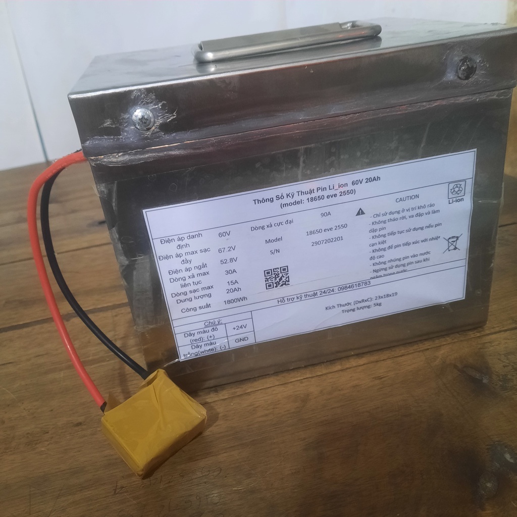 Pin xe điện Klara 60V20Ah Vỏ inox 304 chống nước