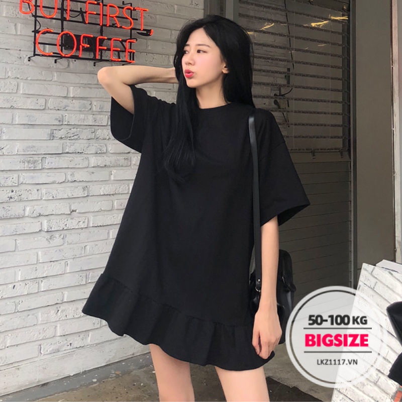 Đầm thun suông Bigsize Váy babydoll tay ngắn cổ tròn bánh bèo đen mùa hè Phong cách Hàn Quốc Thời Trang tiểu thư sang chảnh cá tính xinh đẹp quảng châu cao cấp