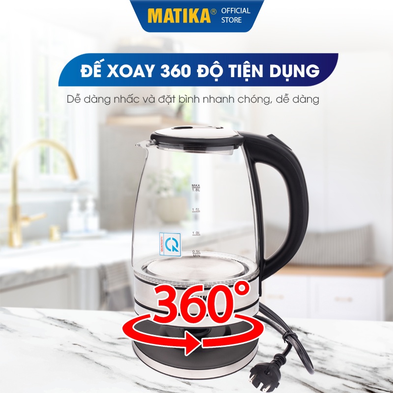 [Mã BMBAU50 giảm 10% đơn 99k] [Mã ELHADEV giảm 4% đơn 300K] Ấm Siêu Tốc Thủy Tinh MATIKA 1.8L Có Đèn Led MTK-35