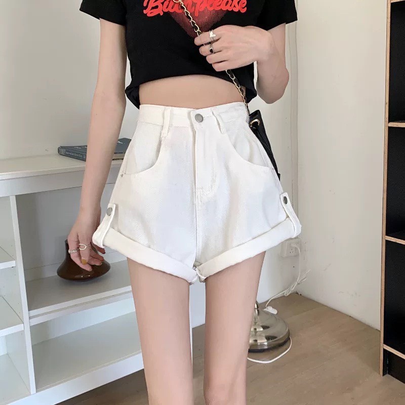 Quần short nữ KABICO quần short kaki jeans nữ lưng cao ống rộng ôm eo xắn gấu phong cách C40