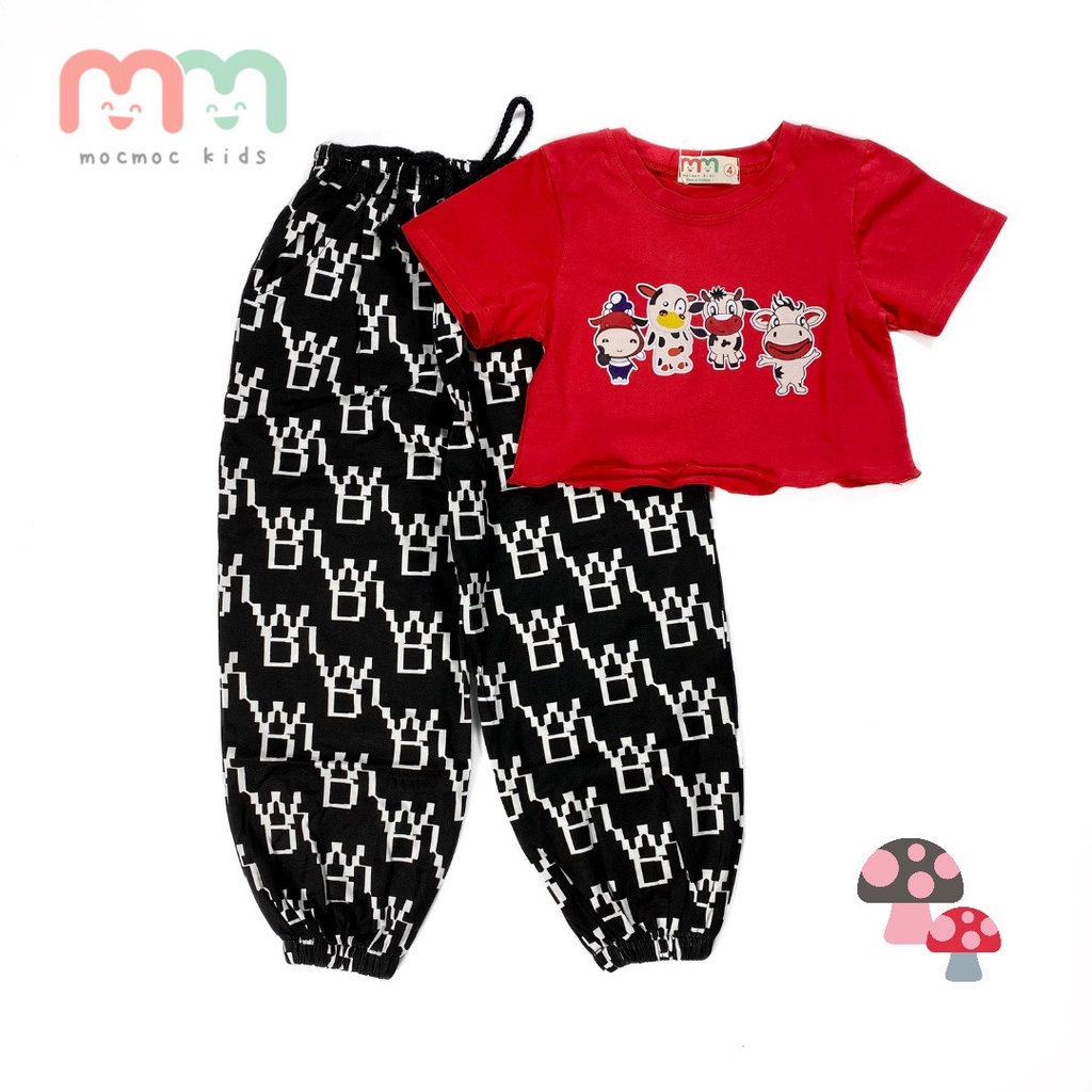 Set thể thao bé gái tập nhảy cá tính áo croptop bò sữa quần jogger thun cotton co dãn thoải mái cho bé 13kg đến 21kg