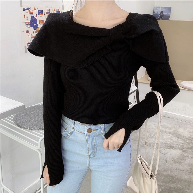 Áo len nơ cổ trễ vai sexy dáng ôm thời trang hàn quốc