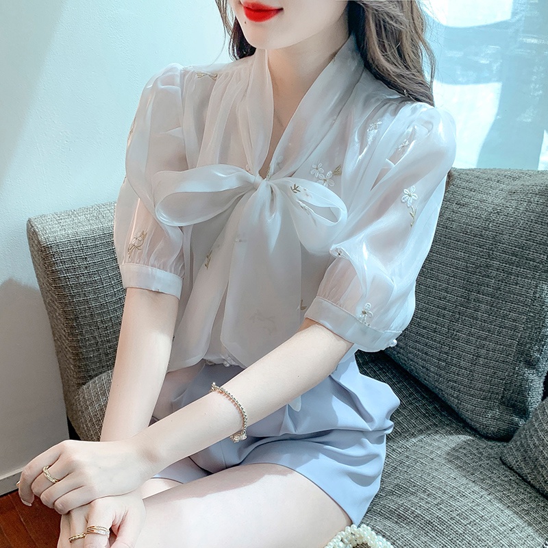Áo Kiểu Chiffon Tay Ngắn Cột Nơ Thêu Họa Tiết Lãng Mạn Thời Trang Mùa Hè Cho Nữ